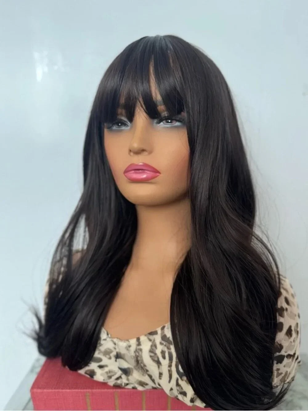 Dark Brown Wig with Bangs Shoulder Length Straight Layered Heat Resistant